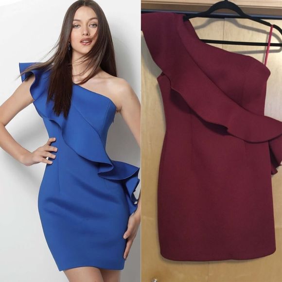 Jovani 63580 One Shoulder Short Dress Burgundy… - Picture 3 of 10